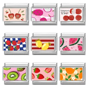 Maillons de Bracelet à Breloques Italiens en Acier Inoxydable Motif Fruits DIY Accessoires de Bijoux pour Femmes Cadeau Fraise Citron