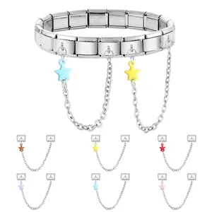 Bracciale italiano in acciaio inossidabile con ciondoli a stella colorati e catene
