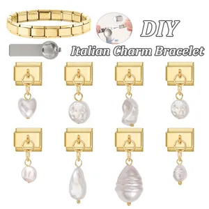 Goldenes italienisches Charm-Armband-Set mit Edelstahl-Gliedern und Perlenanhängern