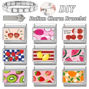 Bracelet italien modulaire DIY en acier inoxydable avec neuf breloques de fruits colorés
