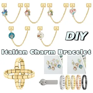 Details des italienischen Charm-Armbands mit Emaille-Anhängern und Edelstahlmodulen