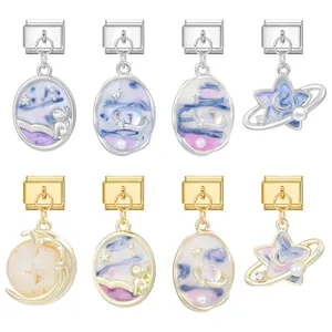 Stainless Steel Italian Charm Bracelet Link Starry Sky Enamel Cat Moon Planet Dangle For DIY Jewelry Making Women Gift