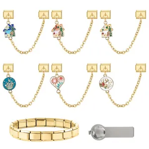 Italienisches Charm-Set aus goldenem Edelstahl mit bunten Emaille-Modulen und Werkzeug