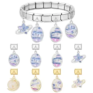 Italian style stainless steel modular bracelet with dreamy galaxy and cat charms