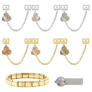 Detail of DIY Italian charms with rose designs and stainless steel modular bracelet