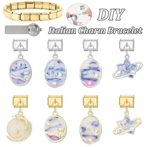 DIY Italian charm bracelet set with celestial pendants and stainless steel modular links