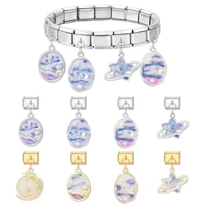 Italian modular stainless steel charm bracelet with celestial star and moon pendants