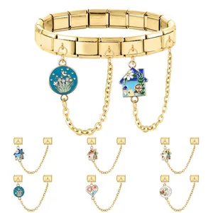 Bracciale modulare in acciaio inossidabile dorato con ciondoli in smalto stile italiano