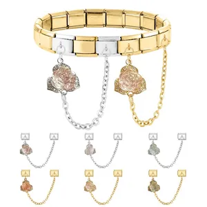 Italian modular charm bracelet with rose pendants and sparkling zircon in gold and silver