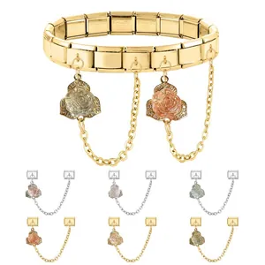 Italian modular gold bracelet with stainless steel charms and rose flower pendants
