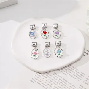 Set of 6 Italian style enamel flower charms with rhinestones in an oval frame for DIY jewelry