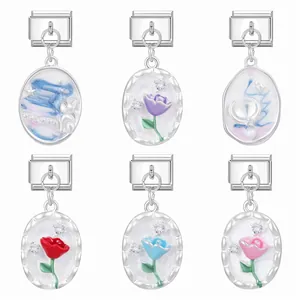 Italian Charm Bracelet Pendant Oval Stainless Steel Enamel DIY Modular Charms For Bracelet Flower Rabbit Starry Sky Jewelry Accessories