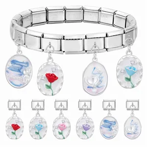Italian charm bracelet with oval enamel pendants and stainless steel modular links