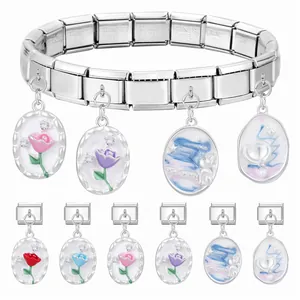 Italian style stainless steel modular link bracelet with colorful enamel tulip charms