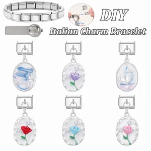 Italian DIY modular stainless steel charm bracelet with colorful floral patterns