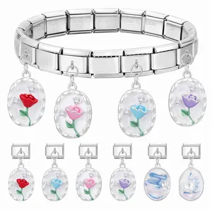 Italian style stainless steel modular link bracelet with colorful rose enamel pendants