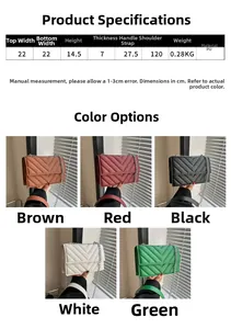 Infographic showing dimensions and available colors for the V-quilted faux leather bag