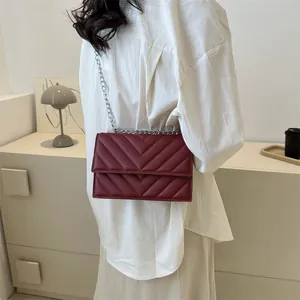 Detail of burgundy chain shoulder bag with V-shaped quilted texture and silver hardware