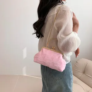 Detail of pink pleated mesh bag featuring a vintage gold clasp and delicate chain strap
