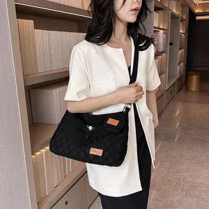 Large capacity black checkerboard canvas tote bag with shoulder strap and mini pouch