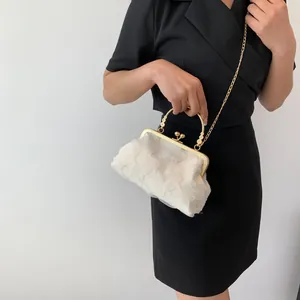 Elegant white pleated mesh handbag with gold metal handle and chain strap for women