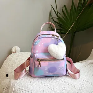 Women Girls Mini Backpack Gradient Tie Dye Nylon Small School Bag With Heart Plush Pendant Heart Star Printed Fashion Casual Daypack