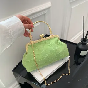 Vintage Pleated Ruched Underarm Bag With Floral Carved Metal Handle Chain Shoulder Strap Women Elegant Party Clasp Handbag