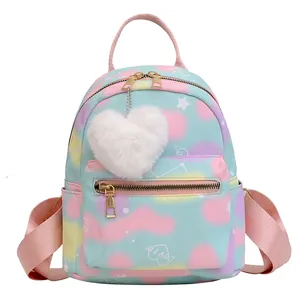 Mini macaron gradient nylon backpack with heart plush charm and lonely star patterns