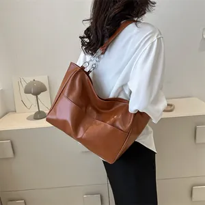 Caramel brown vintage large capacity tote bag with silver chain strap and cross stitching