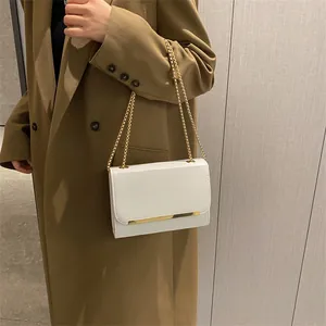 Détail du petit sac blanc en cuir avec bordure métallique dorée et bandoulière chaîne