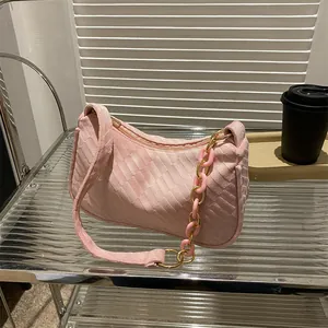 Women's Fashion Underarm Bag Rhombus Texture Shoulder Bag With Resin Metal Chain Strap Minimalist Daily Commute Handbag