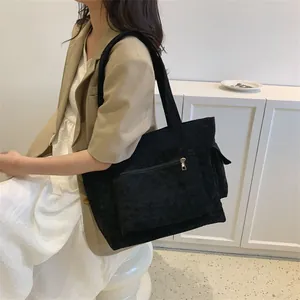 Détail du sac cabas en velours côtelé noir montrant la poche zippée et la bandoulière