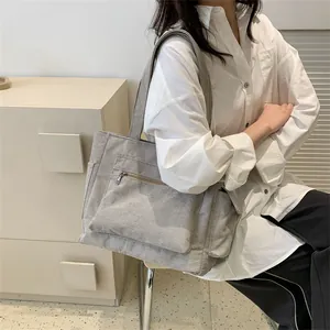 Détail du sac cabas en velours côtelé gris clair avec texture et poche zippée devant