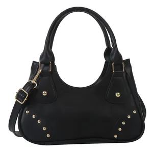 Borsa a mano classica in ecopelle nera con borchie dorate e tracolla rimovibile