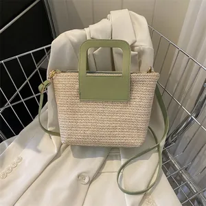 Sac Seau en Paille Tissé pour Femmes Avec Poignée en Cuir PU et Bandoulière Réglable Sac à Main Minimaliste pour Vacances d'Été Plage Quotidien