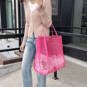 Bolso tote de malla rosa de gran capacidad, elegante bolso de hombro para verano