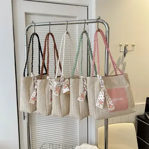 Women Summer Straw Woven Tote Bag Large Capacity Casual Shoulder Bag With Letter Patch Decorative Scarf Vacation Beach Handbag