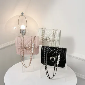 Women Elegant PU Leather Quilted Rhombus Square Bag With Artificial Pearl Chain Decor Fashion Shoulder Crossbody Bag For Daily Party