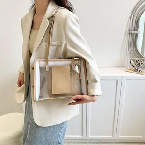 Transparent PVC tote bag with beige leather trim and inner pouch for women