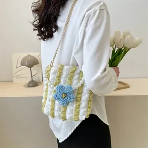 Floral pleated bubble handbag with yellow and white texture and pearl handle strap