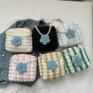 Women Pleated Popcorn Shoulder Bag Sweet Flower Decoration Pearl Handle Crossbody Bag Small Square Canvas Handbag Casual Fashion Bag