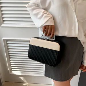 Detail view of striped box bag with U-shaped metal handle and quilted leather texture
