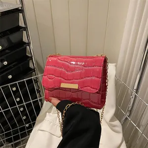 Detail of rose pink crocodile pattern handbag with gold metal clasp and chain strap
