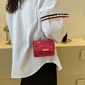 Glossy rose red croc-embossed mini chain bag with gold hardware and flap closure