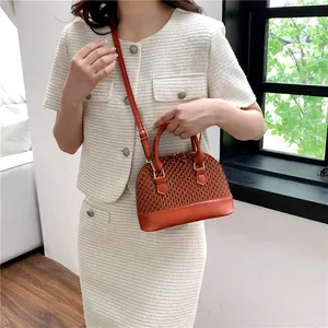 Mini sac à main tissé orange avec poignées supérieures et bandoulière réglable femme