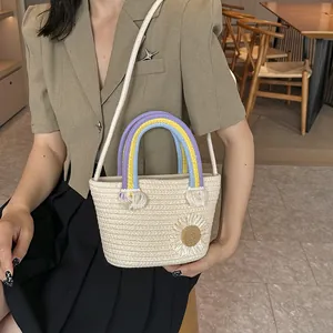 Sac seau tissé avec poignée arc-en-ciel et broderie marguerite pour femme à l'épaule