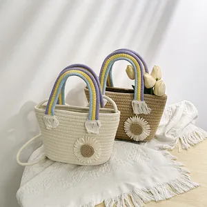 Sac Seau Tissé Marguerite avec Poignée Arc-en-ciel Sac à Bandoulière en Paille Fait Main pour Femmes Vacances d'Été Quotidien