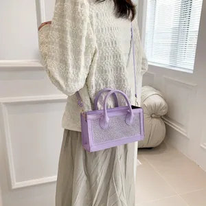 Lavender rhinestone handbag for women, purple crossbody bag with golden hardware