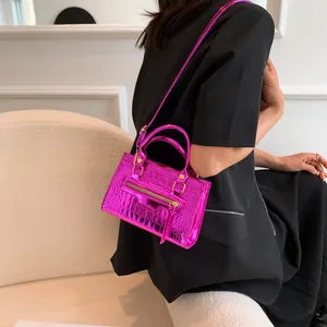 Chic magenta crocodile pattern mini tote bag with tassel and crossbody strap for women