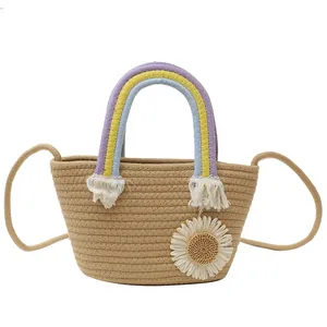 Sac seau tissé avec poignée arc-en-ciel, fleur de tournesol et bandoulière